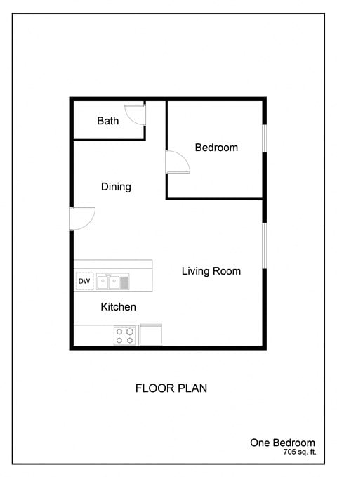 Floor plan for 1 bed, 1 bath, 677 sqft